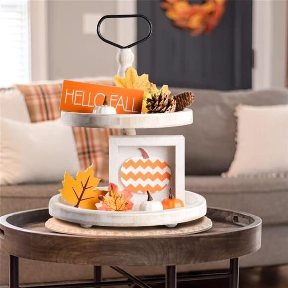 Rustic Wooden 2Tiered Tray,Round Farmhouse Kitchen Table Decor Serving Tier Tray - Picture 2 of 7